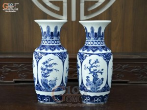 Đôi lọ lộc bình men trắng họa tiết Tứ Cảnh, cao 35cm