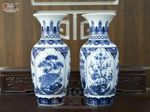 Đôi lọ lộc bình men trắng họa tiết Tứ Cảnh Tài Lộc, cao 60cm