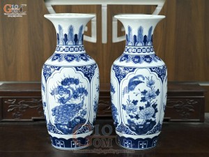 Đôi lọ lộc bình men trắng họa tiết Tứ Cảnh Tài Lộc, cao 60cm