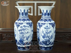 Đôi lọ lộc bình men trắng họa tiết Tứ Cảnh Tài Lộc, cao 60cm