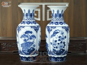 Đôi lọ lộc bình men trắng họa tiết Tứ Cảnh Tài Lộc, cao 60cm