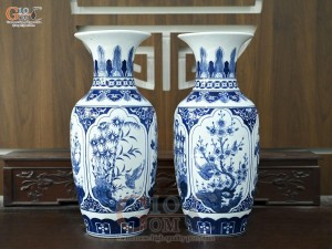 Đôi lọ lộc bình men trắng họa tiết Tứ Cảnh Tài Lộc, cao 60cm