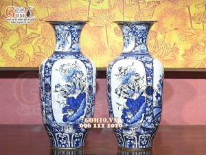 Đôi lọ lộc bình Tứ Cảnh men lam cổ, vẽ vàng 24k, cao 60cm