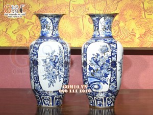 Đôi lọ lộc bình Tứ Cảnh men lam cổ, vẽ vàng 24k, cao 60cm