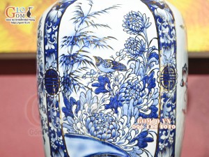 Đôi lọ lộc bình Tứ Cảnh men lam cổ, vẽ vàng 24k, cao 60cm