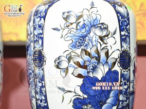 Đôi lọ lộc bình Tứ Cảnh men lam cổ, vẽ vàng 24k, cao 60cm