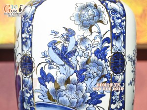 Đôi lọ lộc bình Tứ Cảnh men lam cổ, vẽ vàng 24k, cao 60cm