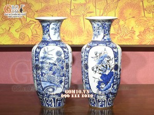 Đôi lọ lộc bình Tứ Cảnh men lam cổ, vẽ vàng 24k, cao 60cm