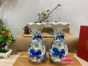 Đôi lọ lý ngư vọng nguyệt men lam cổ vẽ vàng kim 24k cao cấp 24cm