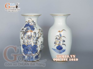 Đôi lọ men lam cổ vẽ vàng kim 24k cao cấp, cao 32cm