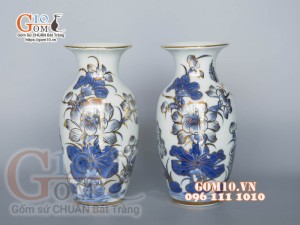 Đôi lọ men lam cổ vẽ vàng kim 24k cao cấp, cao 24cm