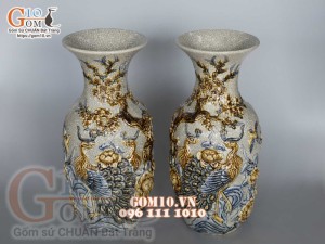 Đôi lọ men rạn đắp nổi Công Đào cao cấp, cao 36cm