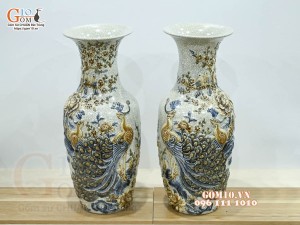 Đôi lọ men rạn đắp nổi Công Đào cao cấp, cao 50cm