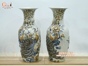 Đôi lọ men rạn đắp nổi Công Đào cao cấp, cao 50cm