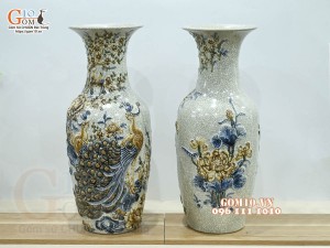 Đôi lọ men rạn đắp nổi Công Đào cao cấp, cao 50cm