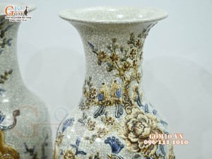 Đôi lọ men rạn đắp nổi Công Đào cao cấp, cao 50cm