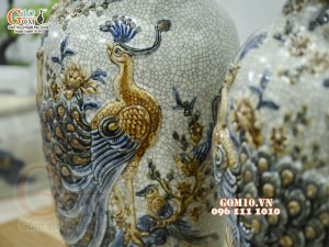 Đôi lọ men rạn đắp nổi Công Đào cao cấp, cao 50cm