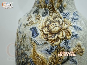 Đôi lọ men rạn đắp nổi Công Đào cao cấp, cao 50cm