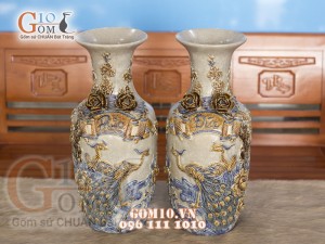 Đôi lọ men rạn đắp nổi Công Đào Phúc Đức 60cm