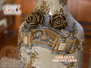 Đôi lọ men rạn đắp nổi Công Đào Phúc Đức 60cm