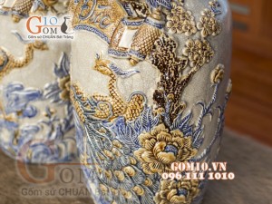 Đôi lọ men rạn đắp nổi Công Đào Phúc Đức 60cm