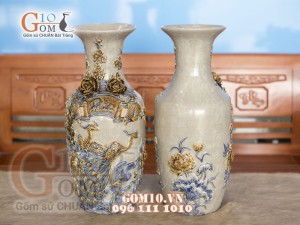 Đôi lọ men rạn đắp nổi Công Đào Phúc Đức 60cm