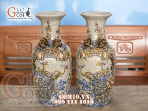 Đôi lọ men rạn đắp nổi Công Đào Phúc Đức 60cm
