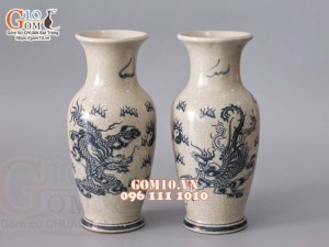 Đôi lọ men rạn họa tiết Rồng Phượng, cao 32cm