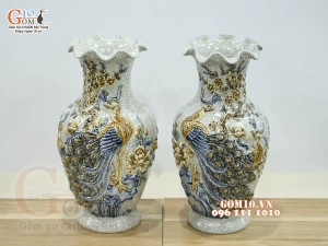 Đôi lọ miệng lượn men rạn đắp nổi Công Đào cao cấp, cao 32cm