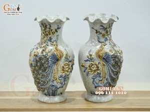 Đôi lọ miệng lượn men rạn đắp nổi Công Đào cao cấp, cao 32cm