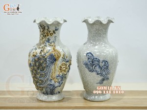 Đôi lọ miệng lượn men rạn đắp nổi Công Đào cao cấp, cao 32cm