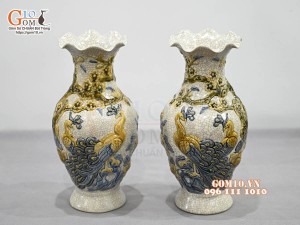 Đôi lọ miệng lượn men rạn đắp nổi Công Đào Như Ý, cao 30cm
