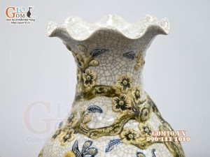 Đôi lọ miệng lượn men rạn đắp nổi Công Đào Như Ý, cao 30cm