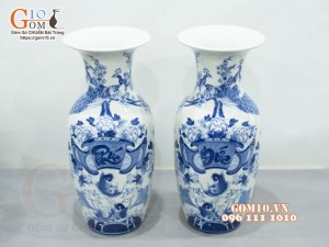 Đôi lọ tiểu lộc bình men lam cổ vẽ Chép Sen - Phúc Đức, cao 60cm