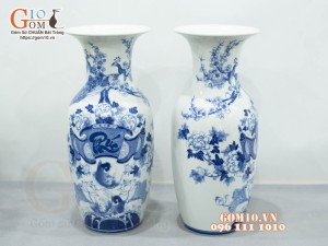 Đôi lọ tiểu lộc bình men lam cổ vẽ Chép Sen - Phúc Đức, cao 60cm