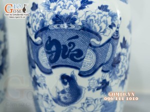 Đôi lọ tiểu lộc bình men lam cổ vẽ Chép Sen - Phúc Đức, cao 60cm