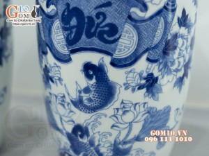 Đôi lọ tiểu lộc bình men lam cổ vẽ Chép Sen - Phúc Đức, cao 60cm