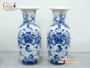 Đôi lọ tiểu lộc bình men lam cổ vẽ Chép Sen - Phúc Đức, cao 40cm