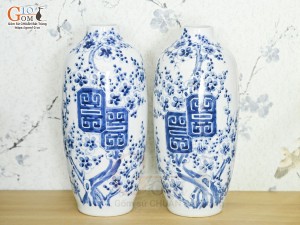 Đôi lọ tu hú men lam vẽ Mai Cài Thọ, cao 26cm