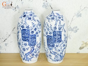 Đôi lọ tu hú men lam vẽ Mai Cài Thọ, cao 26cm