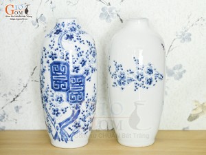 Đôi lọ tu hú men lam vẽ Mai Cài Thọ, cao 26cm