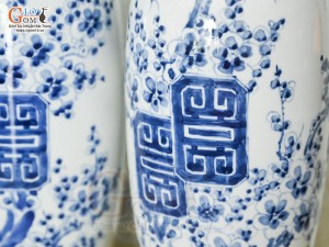 Đôi lọ tu hú men lam vẽ Mai Cài Thọ, cao 26cm