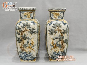 Đôi lọ vuông men rạn đắp nổi Tứ cảnh cao cấp, cao 50cm