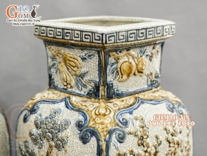 Đôi lọ vuông men rạn đắp nổi Tứ cảnh cao cấp, cao 50cm