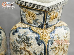 Đôi lọ vuông men rạn đắp nổi Tứ cảnh cao cấp, cao 50cm