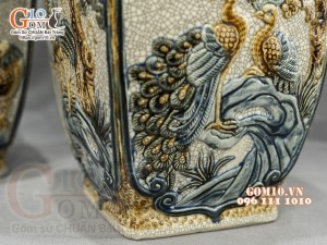 Đôi lọ vuông men rạn đắp nổi Tứ cảnh cao cấp, cao 50cm