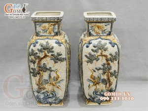 Đôi lọ vuông men rạn đắp nổi Tứ cảnh cao cấp, cao 50cm
