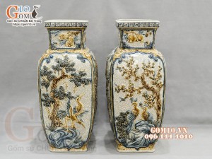 Đôi lọ vuông men rạn đắp nổi Tứ cảnh cao cấp, cao 50cm