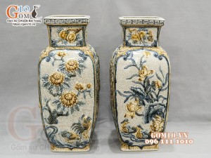 Đôi lọ vuông men rạn đắp nổi Tứ cảnh cao cấp, cao 50cm