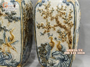 Đôi lọ vuông men rạn đắp nổi Tứ cảnh cao cấp, cao 50cm